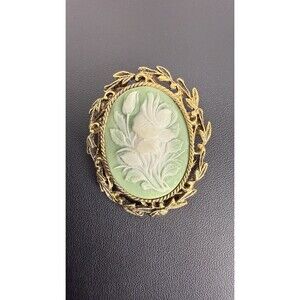 Vintage Sage Green Floral Rose Cameo Brooch Gold Tone Leaf Frame Pin
